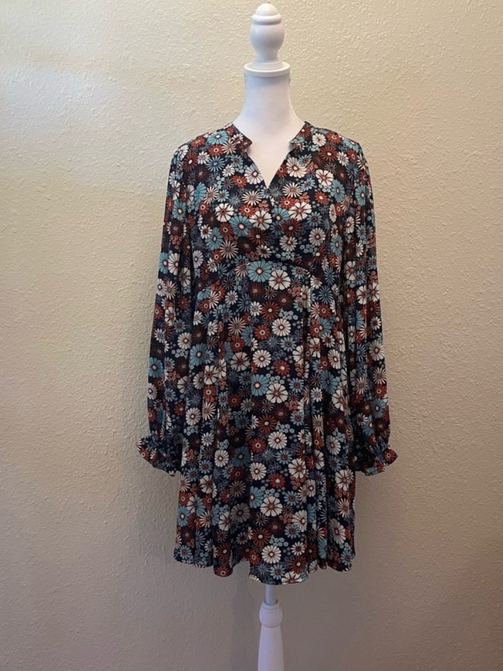 Umgee Women’s Navy Mint Floral Copper Thread Long Sleeve Boho Babydoll Dress S